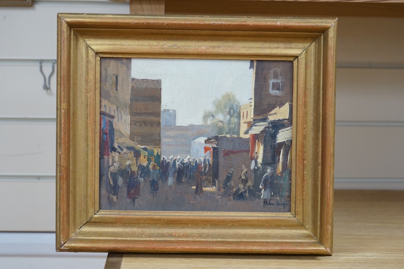 Continental oil on canvas, Busy market scene, indistinctly signed and dated '81, gilt framed, 19 x 24cm. Condition - good